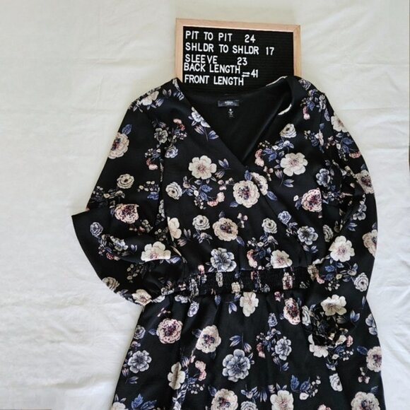 Aqua Curve Dress 2X Floral Smoked Waist LS Midi Ruffle Hem Lined V Neck USA Made - Picture 16 of 16